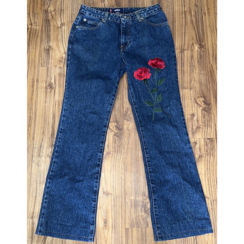 Bongo Boot Rider Retro Dark Stone‎ Jeans Embroidered Roses Patch Womens Size 7